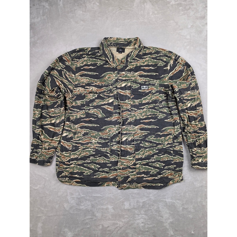 Obey Tiger Stripe Utility Jacket Mens XL Green Full Zip Camo Military Coat Y2K